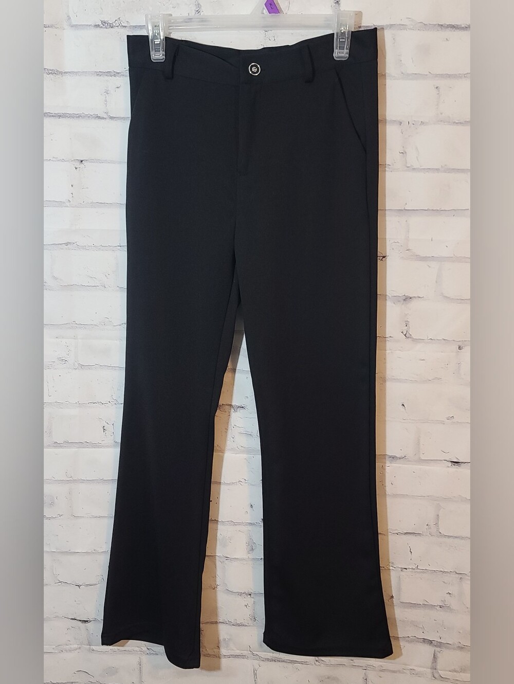 Women's Black Solid Flat Front Dress Pants, Button Closure, Pockets, 29" Inseam